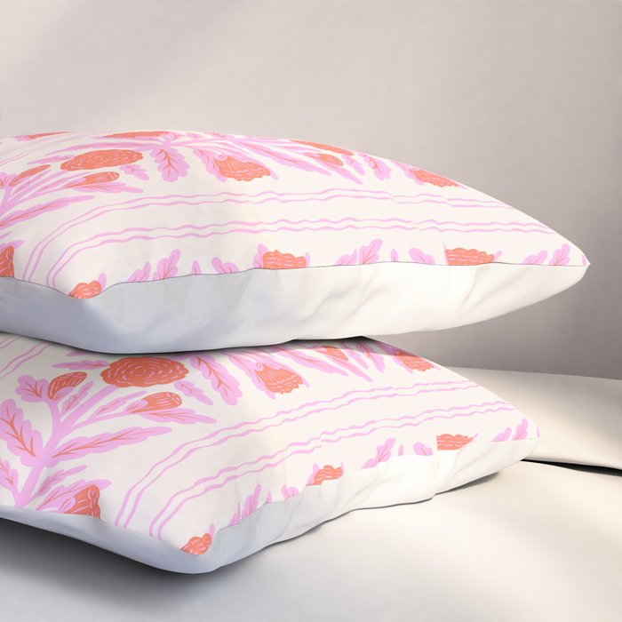 Pink and Red Flower Block Print Illustration Pillow Sham Gallery Image 3