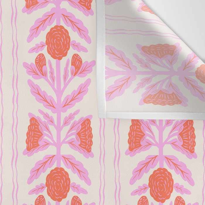 Pink and Red Flower Block Print Illustration Wall Tapestry Gallery Image 3