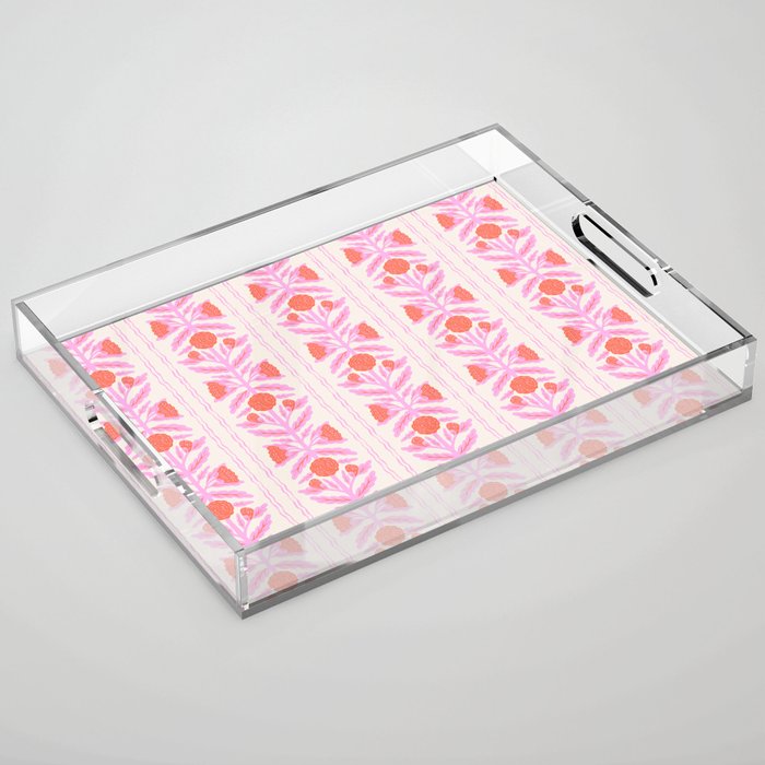 Pink and Red Flower Block Print Illustration Acrylic Tray Gallery Image 1