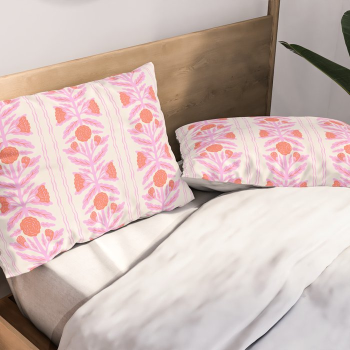 Pink and Red Flower Block Print Illustration Pillow Sham Gallery Image 2