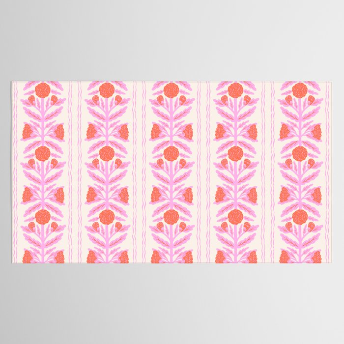 Pink and Red Flower Block Print Illustration Tablecloth Gallery Image 2