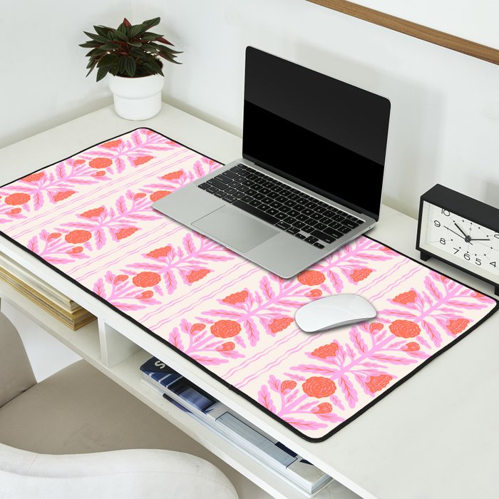 Pink and Red Flower Block Print Illustration Desk Mat Gallery Image 2