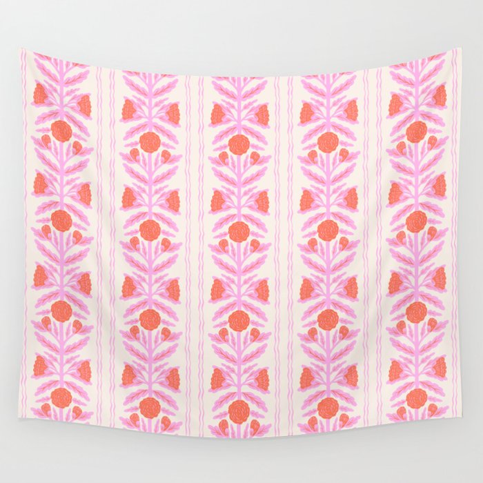 Pink and Red Flower Block Print Illustration Wall Tapestry Gallery Image 4