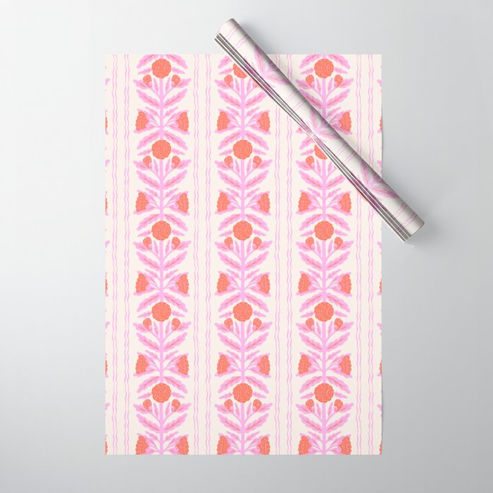 Pink and Red Flower Block Print Illustration Wrapping Paper Gallery Image 1