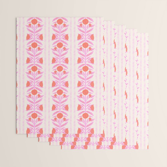 Pink and Red Flower Block Print Illustration Wrapping Paper Gallery Image 3