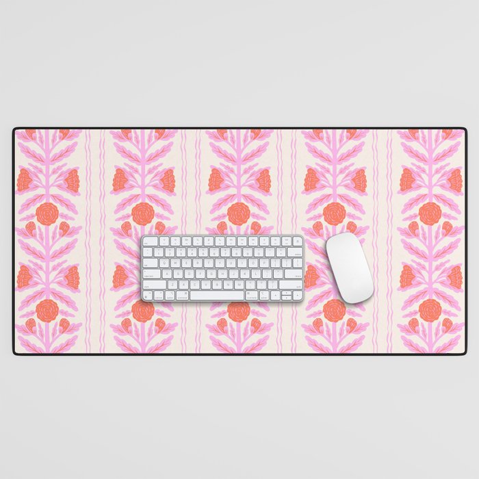 Pink and Red Flower Block Print Illustration Desk Mat Gallery Image 1