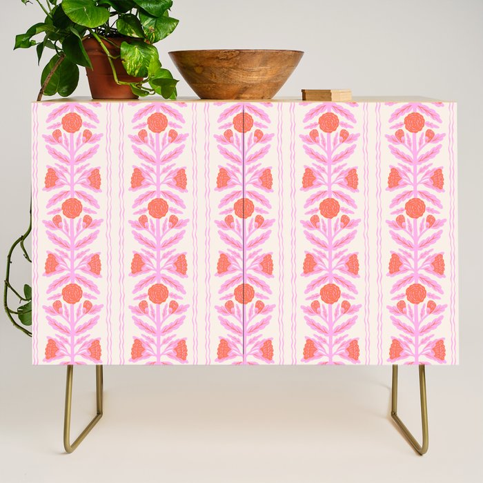 Pink and Red Flower Block Print Illustration Credenza Gallery Image 1