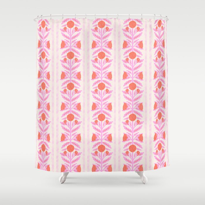 Pink and Red Flower Block Print Illustration Shower Curtain Gallery Image 1