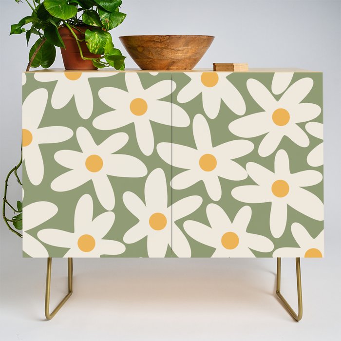Daisy Time Retro Floral Pattern Sage Green Beige Mustard Credenza Gallery Image 1