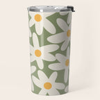 Daisy Time Retro Floral Pattern Sage Green Beige Mustard Travel Mug Gallery Image 2