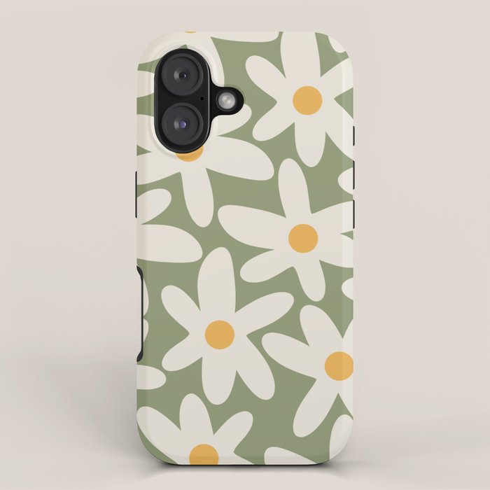 Daisy Time Retro Floral Pattern Sage Green Beige Mustard iPhone Case Gallery Image 1