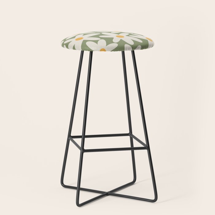 Daisy Time Retro Floral Pattern Sage Green Beige Mustard Stool Gallery Image 1