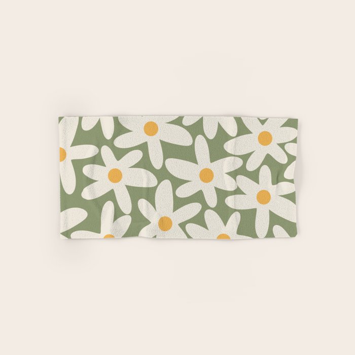 Daisy Time Retro Floral Pattern Sage Green Beige Mustard Bath Towel Gallery Image 1