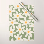 Daisy Time Retro Floral Pattern Sage Green Beige Mustard Wrapping Paper Gallery Image 1