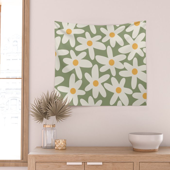 Daisy Time Retro Floral Pattern Sage Green Beige Mustard Wall Tapestry Gallery Image 2