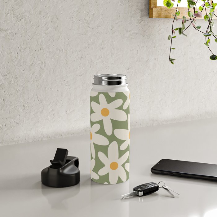 Daisy Time Retro Floral Pattern Sage Green Beige Mustard Water Bottle Gallery Image 4
