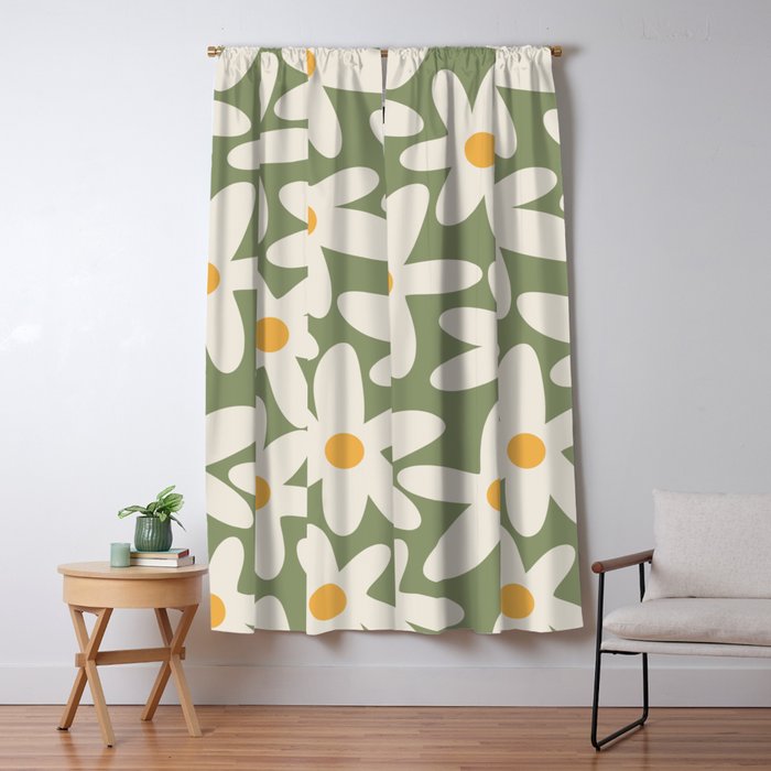 Daisy Time Retro Floral Pattern Sage Green Beige Mustard Window Curtain Gallery Image 5