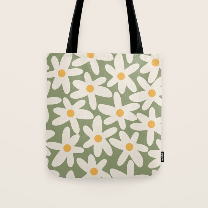 Daisy Time Retro Floral Pattern Sage Green Beige Mustard Tote Bag Gallery Image 1