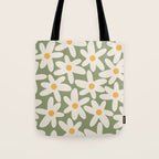 Daisy Time Retro Floral Pattern Sage Green Beige Mustard Tote Bag Gallery Image 1