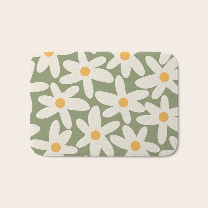 Daisy Time Retro Floral Pattern Sage Green Beige Mustard Bath Mat Gallery Image 1