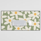 Daisy Time Retro Floral Pattern Sage Green Beige Mustard Desk Mat Gallery Image 1
