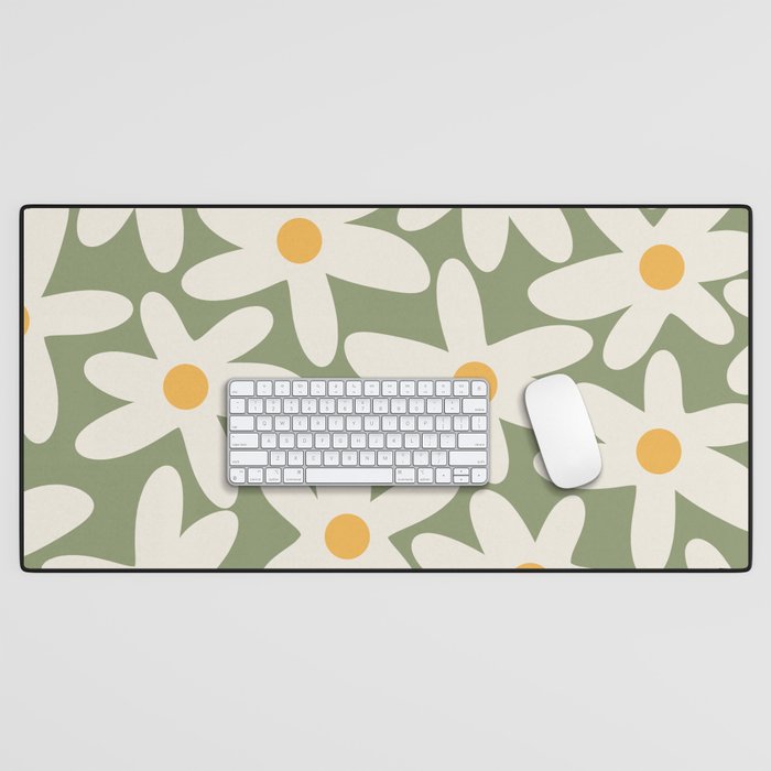 Daisy Time Retro Floral Pattern Sage Green Beige Mustard Desk Mat Gallery Image 1
