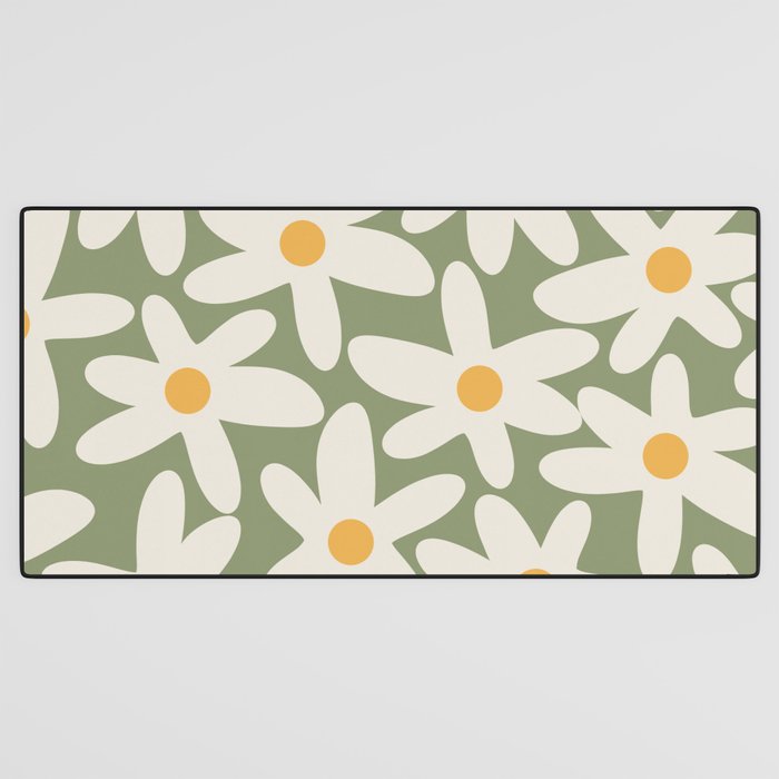 Daisy Time Retro Floral Pattern Sage Green Beige Mustard Desk Mat Gallery Image 3