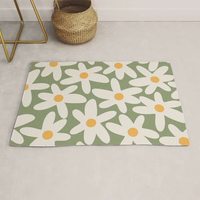 Daisy Time Retro Floral Pattern Sage Green Beige Mustard Rug Gallery Image 1