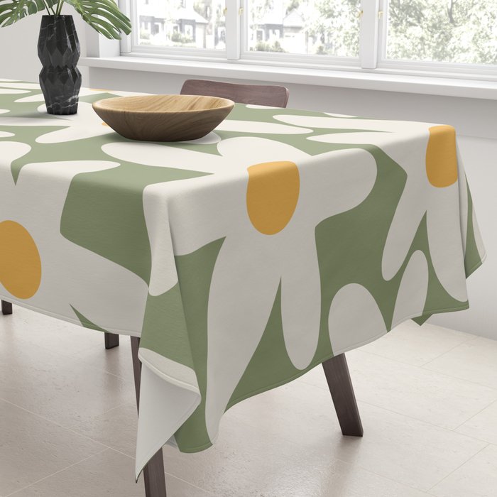 Daisy Time Retro Floral Pattern Sage Green Beige Mustard Tablecloth Gallery Image 3