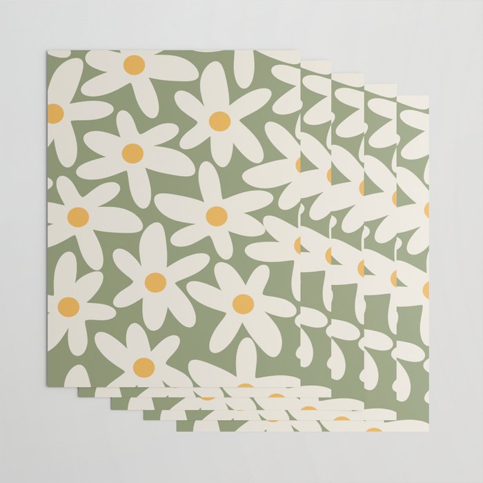 Daisy Time Retro Floral Pattern Sage Green Beige Mustard Wrapping Paper Gallery Image 3
