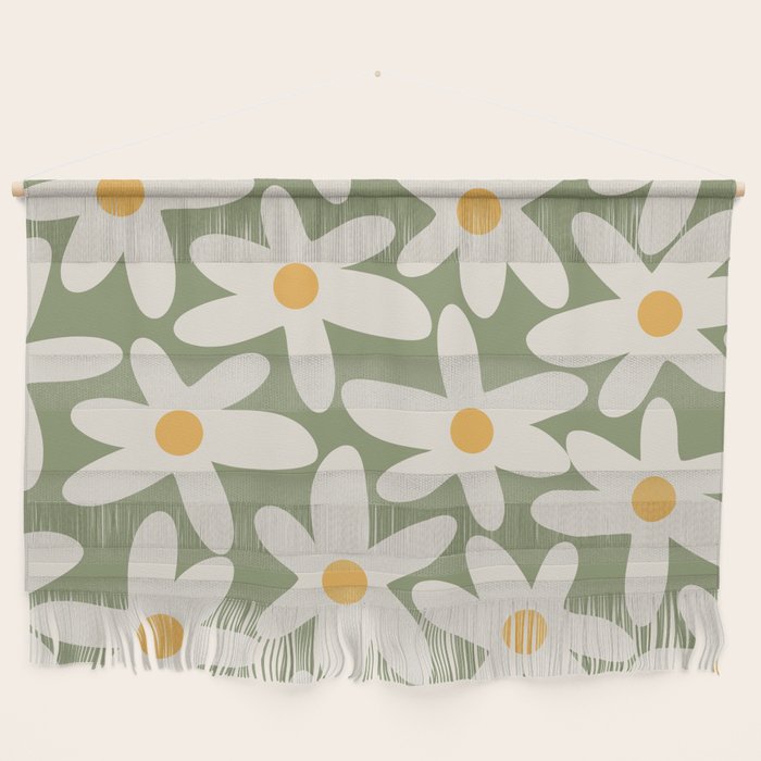 Daisy Time Retro Floral Pattern Sage Green Beige Mustard Wall Hanging Gallery Image 1