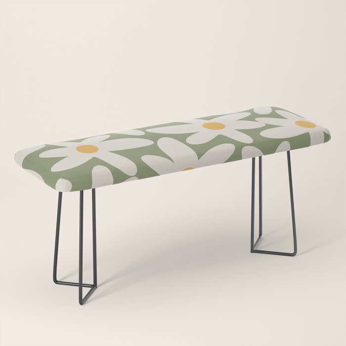 Daisy Time Retro Floral Pattern Sage Green Beige Mustard Bench Gallery Image 1