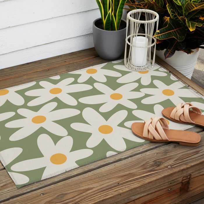 Daisy Time Retro Floral Pattern Sage Green Beige Mustard Outdoor Rug Gallery Image 2