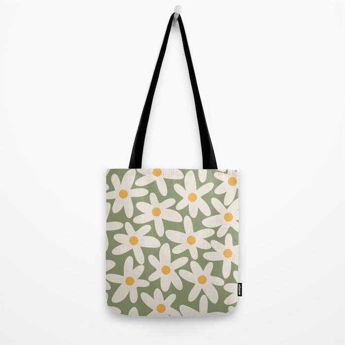 Daisy Time Retro Floral Pattern Sage Green Beige Mustard Tote Bag Gallery Image 2