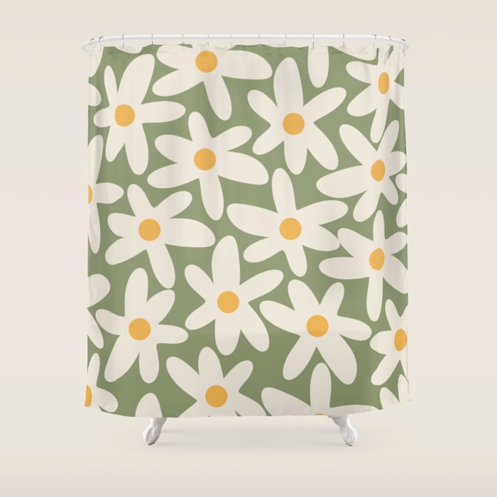 Daisy Time Retro Floral Pattern Sage Green Beige Mustard Shower Curtain Gallery Image 1