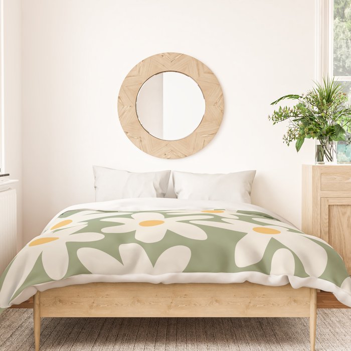Daisy Time Retro Floral Pattern Sage Green Beige Mustard Duvet Cover Gallery Image 3