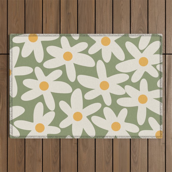 Daisy Time Retro Floral Pattern Sage Green Beige Mustard Outdoor Rug Gallery Image 1