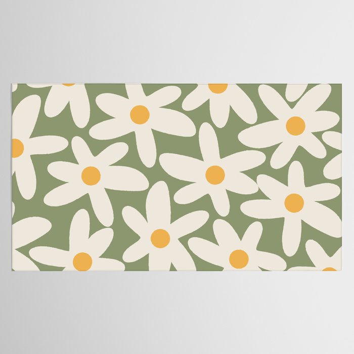 Daisy Time Retro Floral Pattern Sage Green Beige Mustard Tablecloth Gallery Image 2
