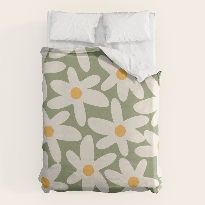 Daisy Time Retro Floral Pattern Sage Green Beige Mustard Duvet Cover Gallery Image 1