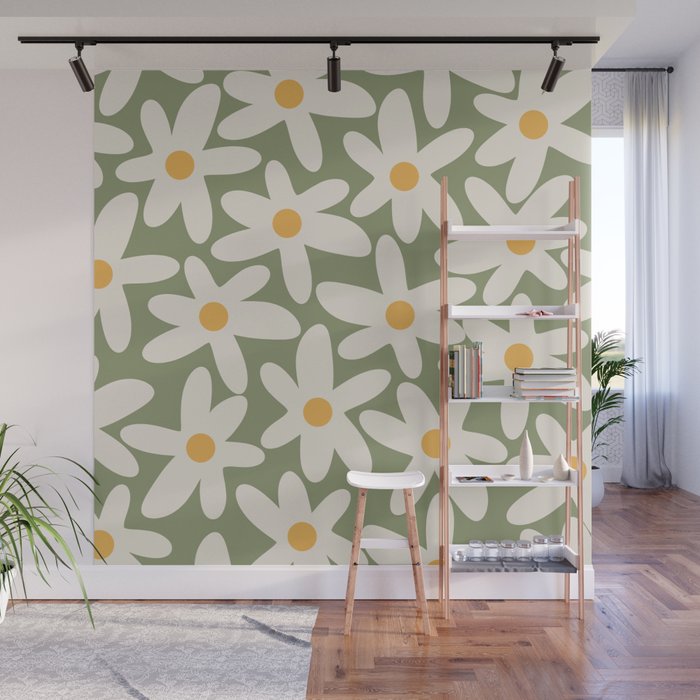Daisy Time Retro Floral Pattern Sage Green Beige Mustard Wall Mural Gallery Image 1