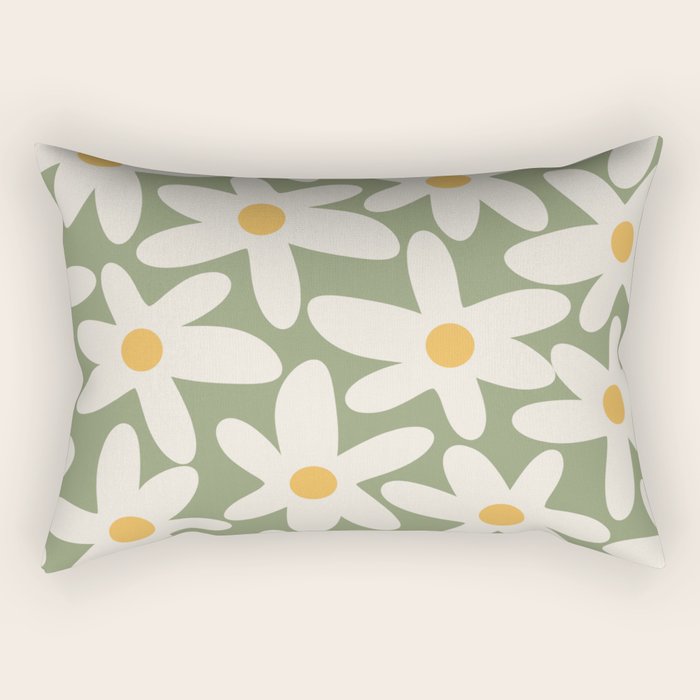 Daisy Time Retro Floral Pattern Sage Green Beige Mustard Rectangular Pillow Gallery Image 2