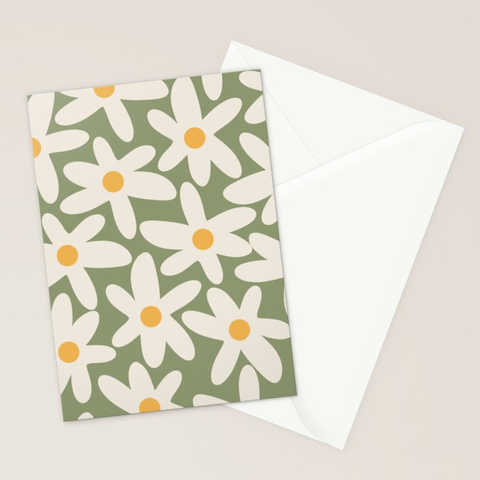 Daisy Time Retro Floral Pattern Sage Green Beige Mustard Stationery Card Gallery Image 2