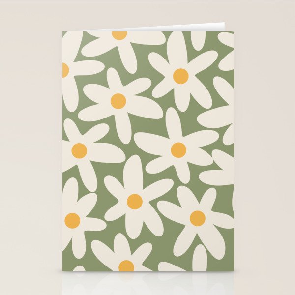 Daisy Time Retro Floral Pattern Sage Green Beige Mustard Stationery Card Gallery Image 2