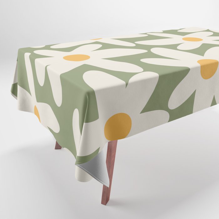 Daisy Time Retro Floral Pattern Sage Green Beige Mustard Tablecloth Gallery Image 1