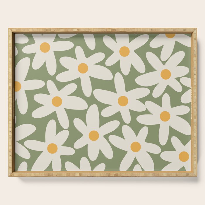 Daisy Time Retro Floral Pattern Sage Green Beige Mustard Serving Tray Gallery Image 1