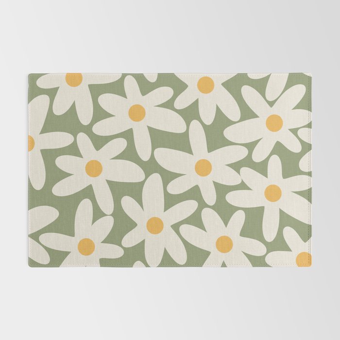 Daisy Time Retro Floral Pattern Sage Green Beige Mustard Rug Gallery Image 2