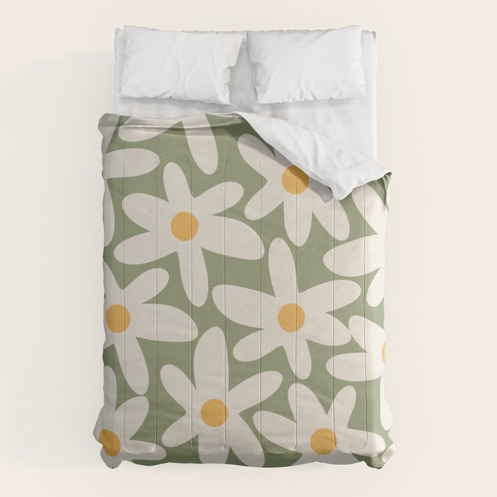 Daisy Time Retro Floral Pattern Sage Green Beige Mustard Comforter Gallery Image 6