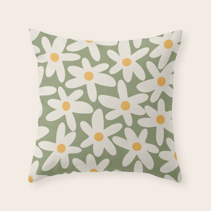 Daisy Time Retro Floral Pattern Sage Green Beige Mustard Throw Pillow Gallery Image 1