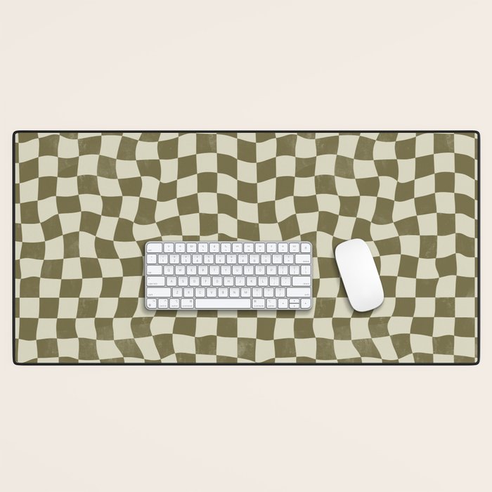 Warped Checkerboard - Olive Green Desk Mat Gallery Image 1