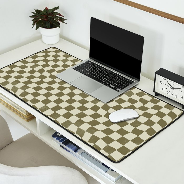 Warped Checkerboard - Olive Green Desk Mat Gallery Image 2